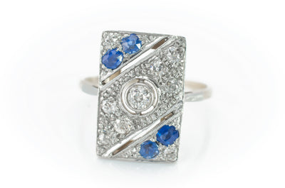 ART DECO DIAMOND AND SAPPHIRE PLAQUE STYLE RING - SinCityFinds Jewelry