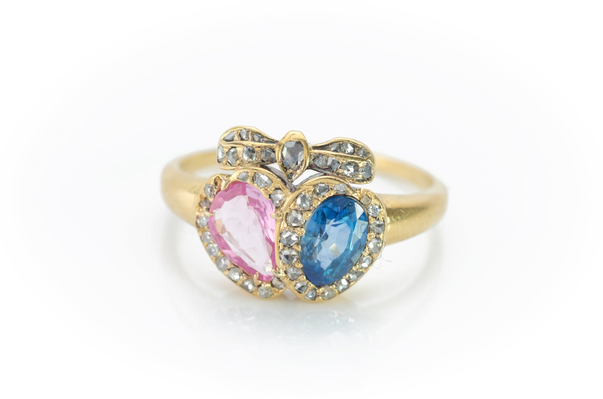 ANTIQUE TWIN HEARTS RING WITH PINK AND BLUE SAPPHIRES - SinCityFinds Jewelry