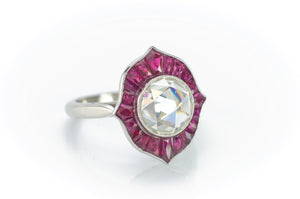 ROSE CUT  MOISSANITE AND FRENCH CUT RUBY TARGET STYLE RING - SinCityFinds Jewelry