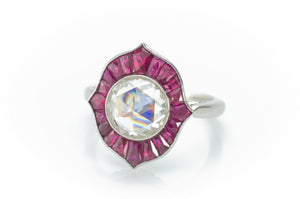 ROSE CUT  MOISSANITE AND FRENCH CUT RUBY TARGET STYLE RING - SinCityFinds Jewelry