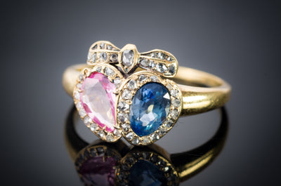 ANTIQUE TWIN HEARTS RING WITH PINK AND BLUE SAPPHIRES - SinCityFinds Jewelry