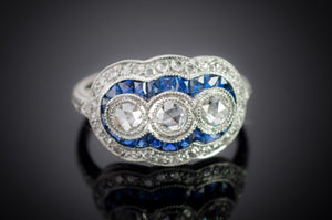 ROSE CUT DIAMOND AND SAPPHIRE DOUBLE HALO RING - SinCityFinds Jewelry