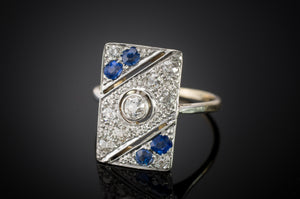 ART DECO DIAMOND AND SAPPHIRE PLAQUE STYLE RING - SinCityFinds Jewelry