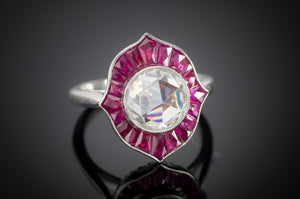 ROSE CUT  MOISSANITE AND FRENCH CUT RUBY TARGET STYLE RING - SinCityFinds Jewelry