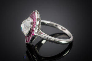 ROSE CUT  MOISSANITE AND FRENCH CUT RUBY TARGET STYLE RING - SinCityFinds Jewelry