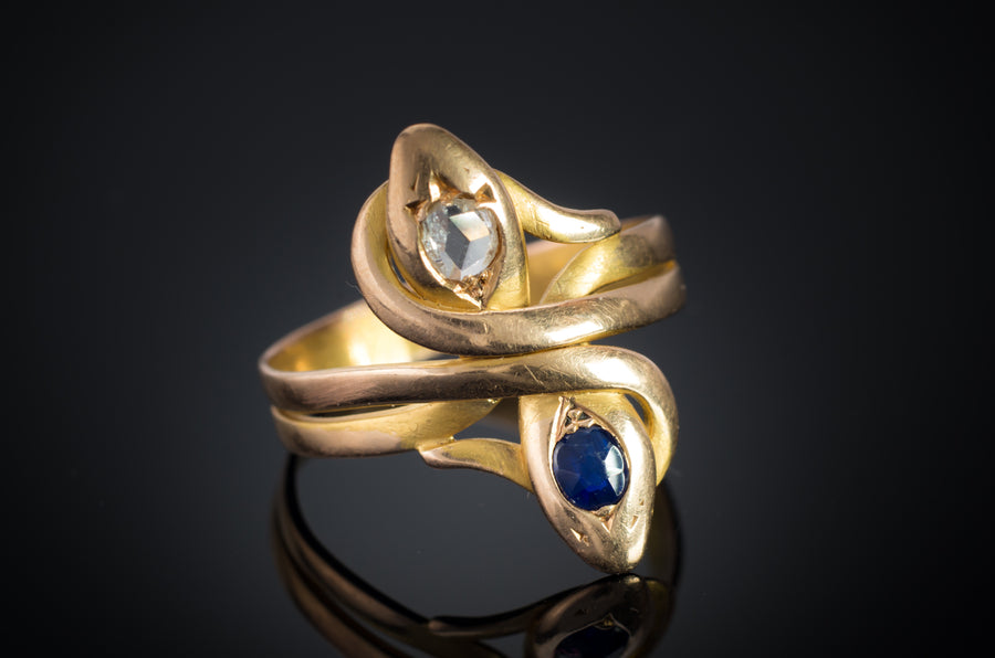 ROSE CUT DIAMOND AND SAPPHIRE SNAKE RING - SinCityFinds Jewelry