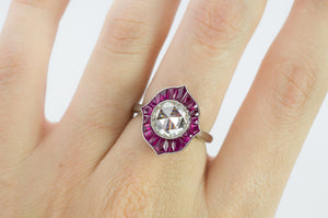 ROSE CUT  MOISSANITE AND FRENCH CUT RUBY TARGET STYLE RING - SinCityFinds Jewelry