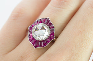 ROSE CUT  MOISSANITE AND FRENCH CUT RUBY TARGET STYLE RING - SinCityFinds Jewelry