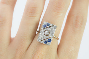 ART DECO DIAMOND AND SAPPHIRE PLAQUE STYLE RING - SinCityFinds Jewelry