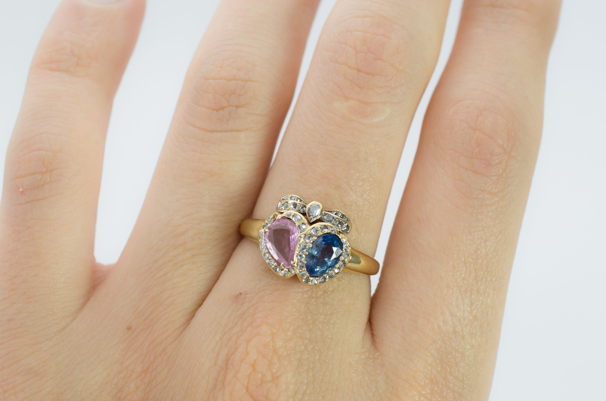 ANTIQUE TWIN HEARTS RING WITH PINK AND BLUE SAPPHIRES - SinCityFinds Jewelry
