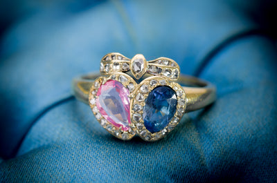ANTIQUE TWIN HEARTS RING WITH PINK AND BLUE SAPPHIRES - SinCityFinds Jewelry