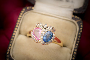 ANTIQUE TWIN HEARTS RING WITH PINK AND BLUE SAPPHIRES - SinCityFinds Jewelry