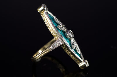 ANTIQUE OLD CUT DIAMOND ENAMEL GOLD AND PLATINUM RING - SinCityFinds Jewelry