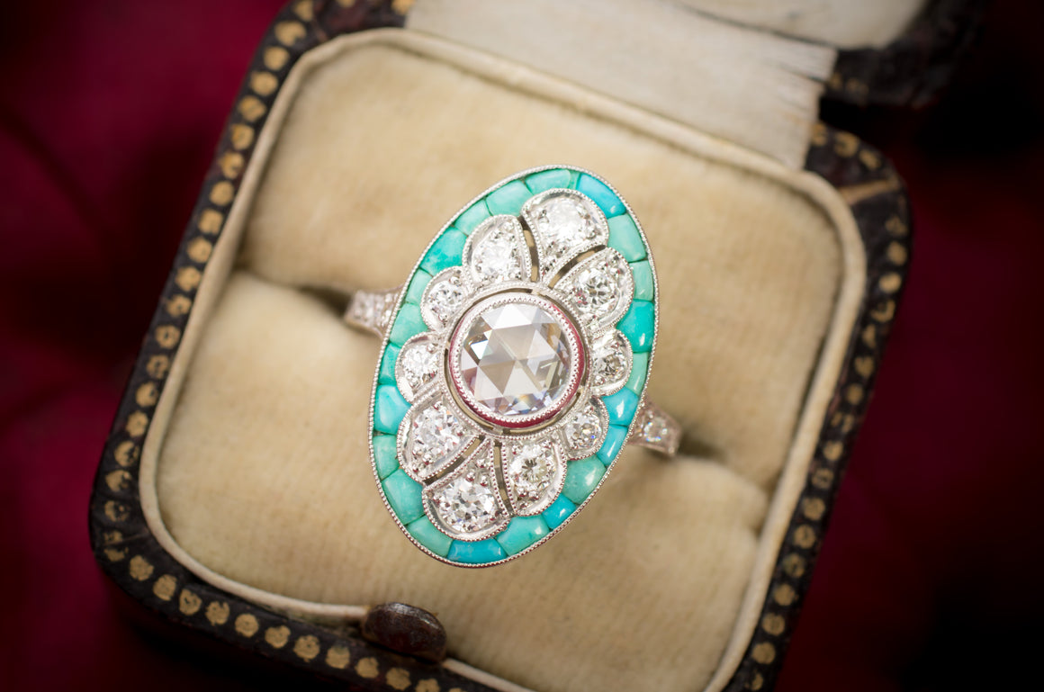 TURQUOISE AND DIAMOND ART DECO STYLE RING - SinCityFinds Jewelry