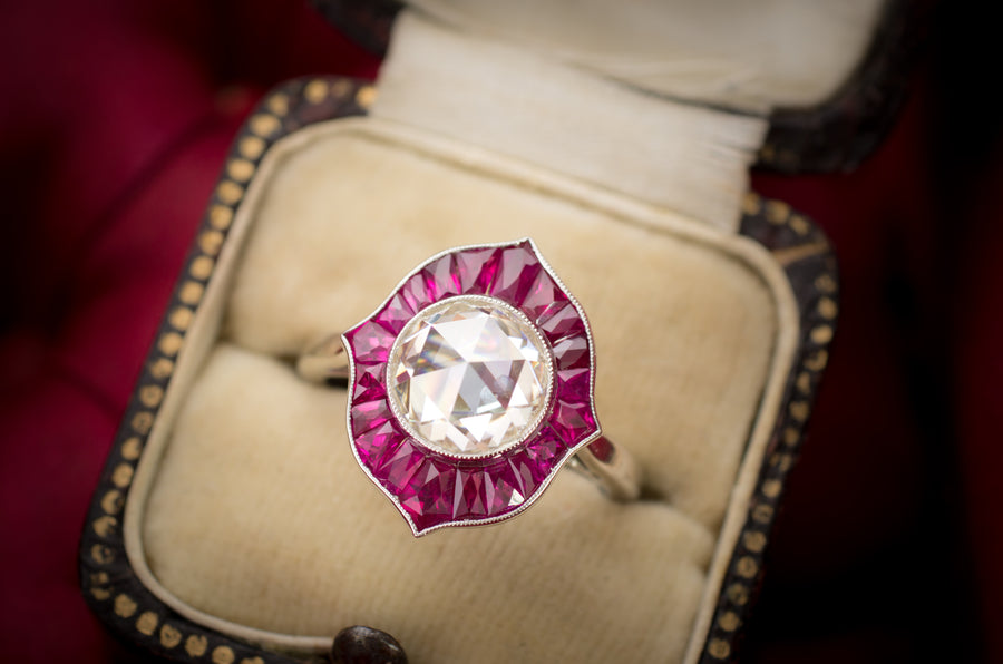 ROSE CUT  MOISSANITE AND FRENCH CUT RUBY TARGET STYLE RING - SinCityFinds Jewelry