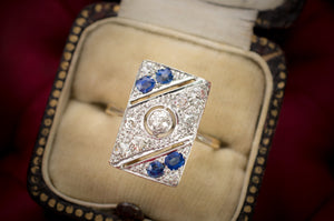 ART DECO DIAMOND AND SAPPHIRE PLAQUE STYLE RING - SinCityFinds Jewelry