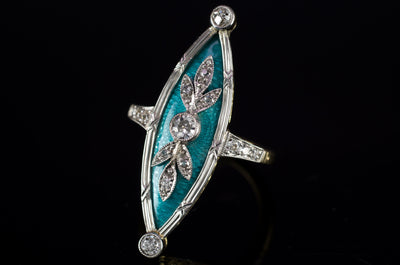 ANTIQUE OLD CUT DIAMOND ENAMEL GOLD AND PLATINUM RING - SinCityFinds Jewelry