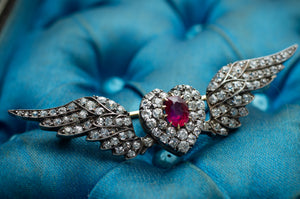 BURMA RUBY AND DIAMOND WINGED BROOCH - SinCityFinds Jewelry