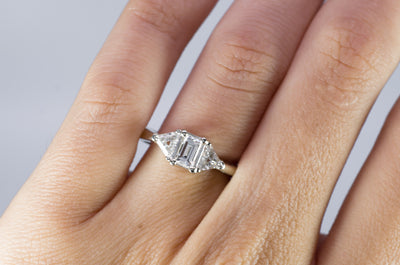 VINTAGE STEP CUT EMERALD AND TRIANGLE CUT DIAMOND RING - SinCityFinds Jewelry