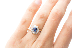 SAPPHIRE AND OLD MINE CUT DIAMOND HALO RING - SinCityFinds Jewelry