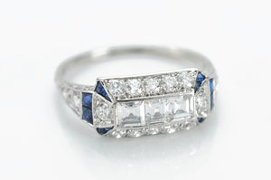 THREE STONE CARRE CUT AND SAPPHIRE ART DECO RING - SinCityFinds Jewelry