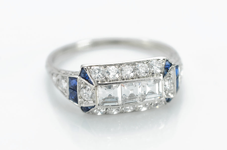 THREE STONE CARRE CUT AND SAPPHIRE ART DECO RING - SinCityFinds Jewelry