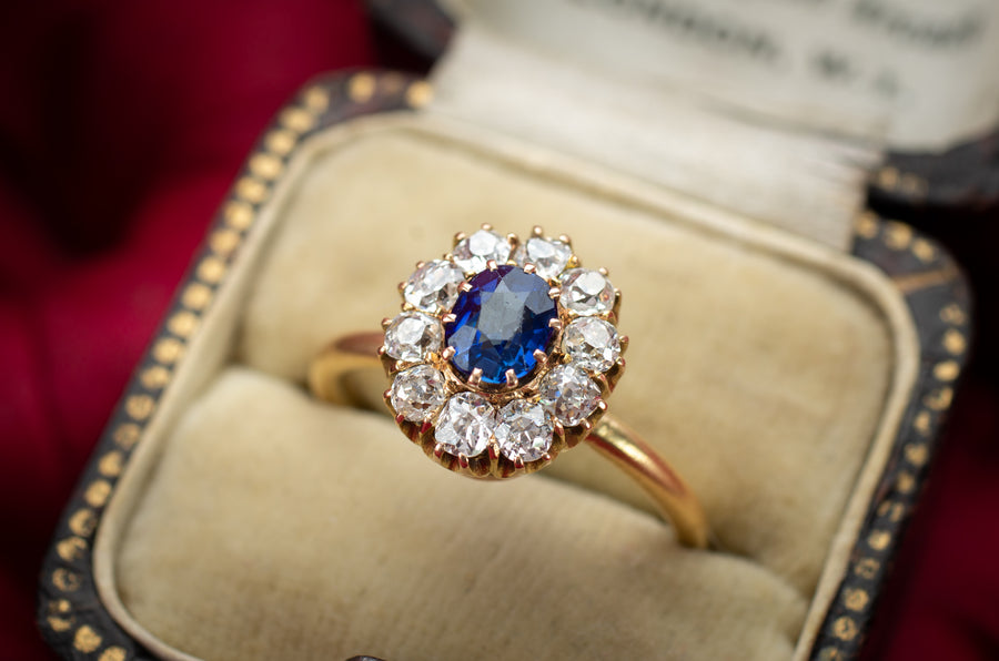 SAPPHIRE AND OLD MINE CUT DIAMOND HALO RING - SinCityFinds Jewelry