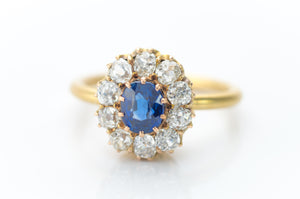 SAPPHIRE AND OLD MINE CUT DIAMOND HALO RING - SinCityFinds Jewelry