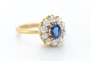 SAPPHIRE AND OLD MINE CUT DIAMOND HALO RING - SinCityFinds Jewelry