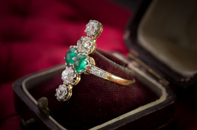 CABOCHON EMERALD AND MINE CUT DIAMOND RING - SinCityFinds Jewelry
