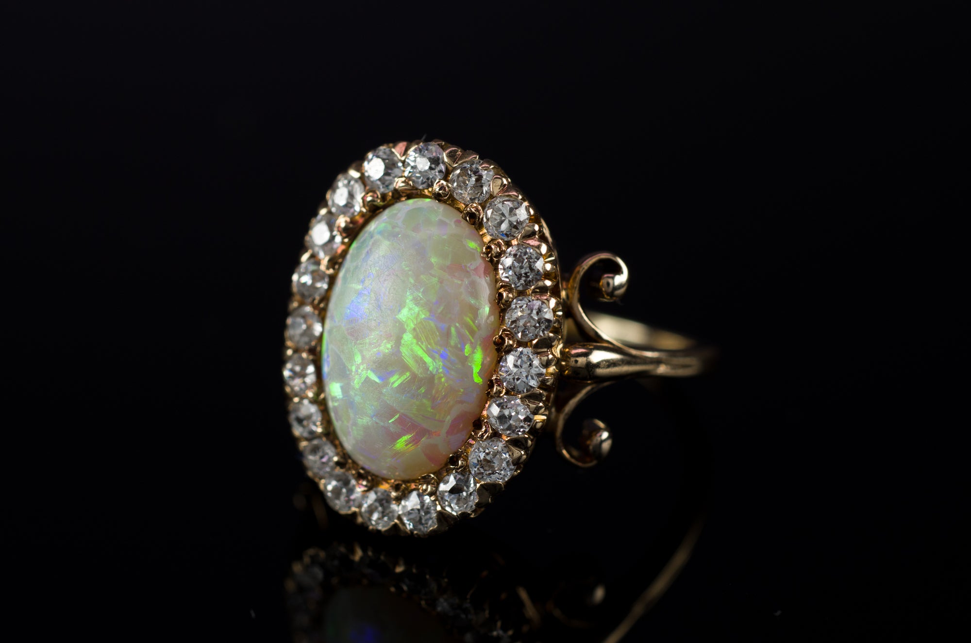 OPAL AND OLD CUT DIAMOND HALO RING - SinCityFinds Jewelry