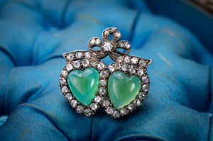 ANTIQUE CHRYSOPRASE AND ROSE CUT DIAMOND TWIN HEARTS BROOCH - SinCityFinds Jewelry