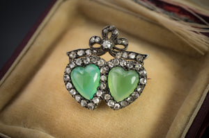 ANTIQUE CHRYSOPRASE AND ROSE CUT DIAMOND TWIN HEARTS BROOCH - SinCityFinds Jewelry