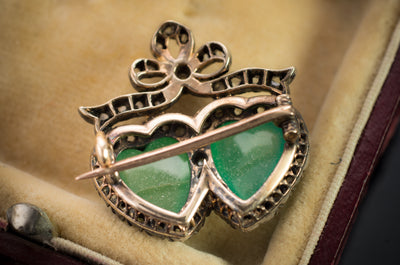 ANTIQUE CHRYSOPRASE AND ROSE CUT DIAMOND TWIN HEARTS BROOCH - SinCityFinds Jewelry