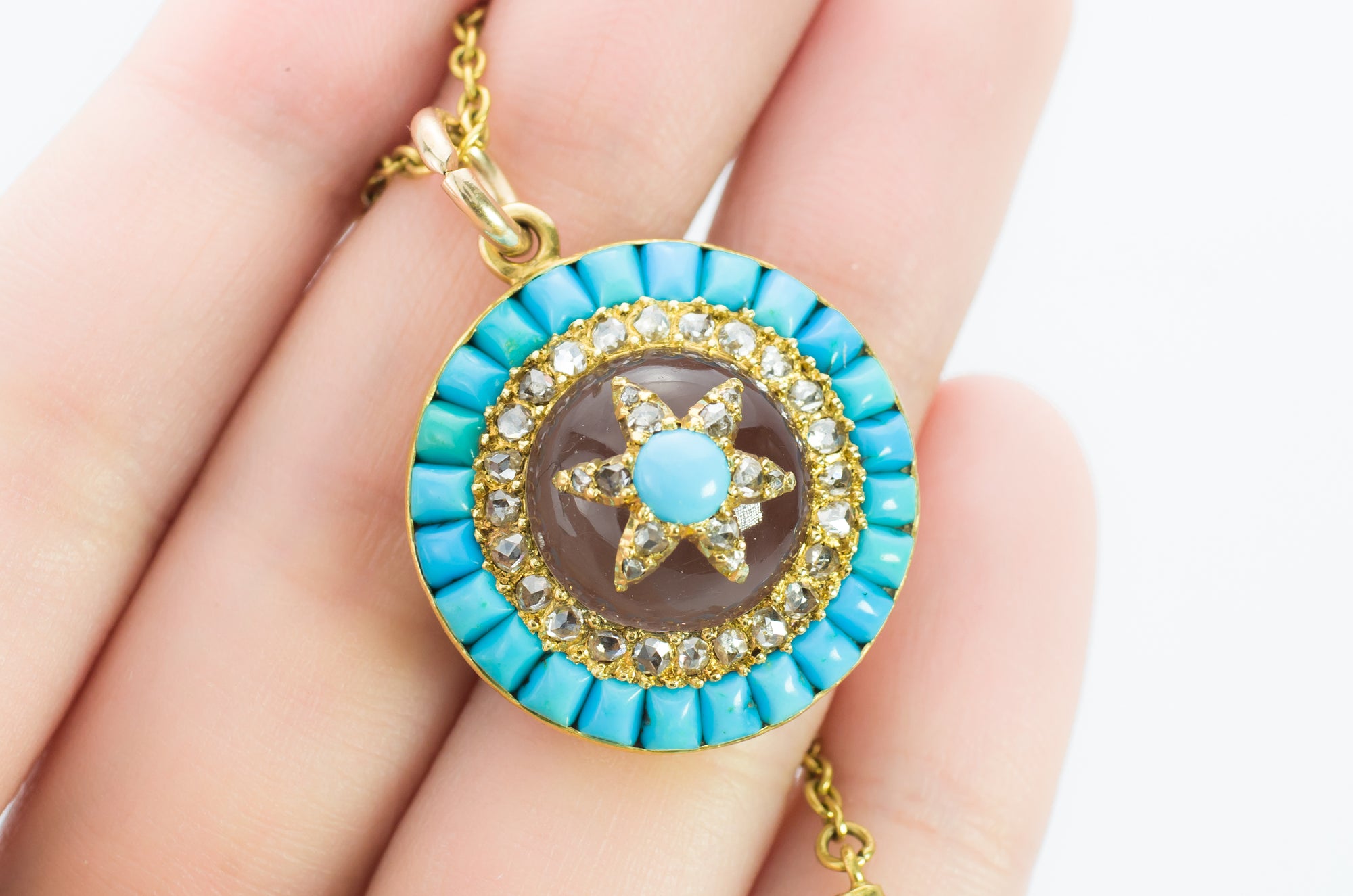 VICTORIAN ROSE CUT DIAMOND AND TURQUOISE LOCKET PENDANT - SinCityFinds Jewelry