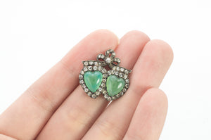 ANTIQUE CHRYSOPRASE AND ROSE CUT DIAMOND TWIN HEARTS BROOCH - SinCityFinds Jewelry