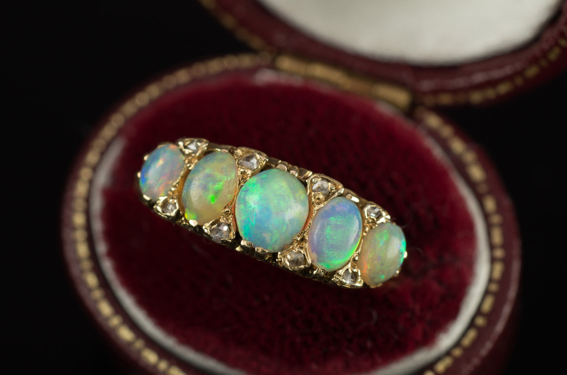 OPAL AND ROSE CUT DIAMOND FIVE STONE BAND - SinCityFinds Jewelry