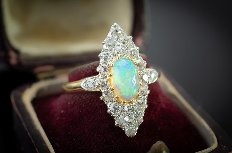 1.85CTW OPAL AND OLD CUT DIAMOND NAVETTE - SinCityFinds Jewelry
