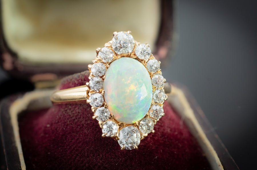 ANTIQUE OPAL AND OLD EUROPEAN CUT DIAMOND RING - SinCityFinds Jewelry