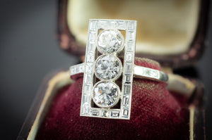 OLD EUROPEAN DIAMOND PLATINUM RING WITH BAGUETTE HALO - SinCityFinds Jewelry