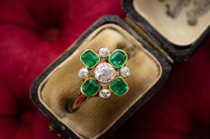 EDWARDIAN QUATREFOIL DIAMOND AND EMERALD RING - SinCityFinds Jewelry