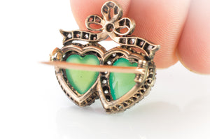 ANTIQUE CHRYSOPRASE AND ROSE CUT DIAMOND TWIN HEARTS BROOCH - SinCityFinds Jewelry