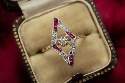ART DECO RUBY AND DIAMOND KITE SHAPED RING - SinCityFinds Jewelry