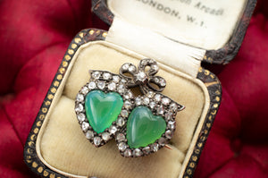 ANTIQUE CHRYSOPRASE AND ROSE CUT DIAMOND TWIN HEARTS BROOCH - SinCityFinds Jewelry