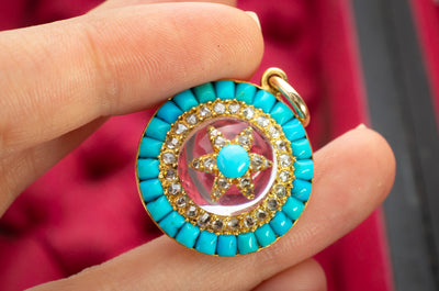 VICTORIAN ROSE CUT DIAMOND AND TURQUOISE LOCKET PENDANT - SinCityFinds Jewelry