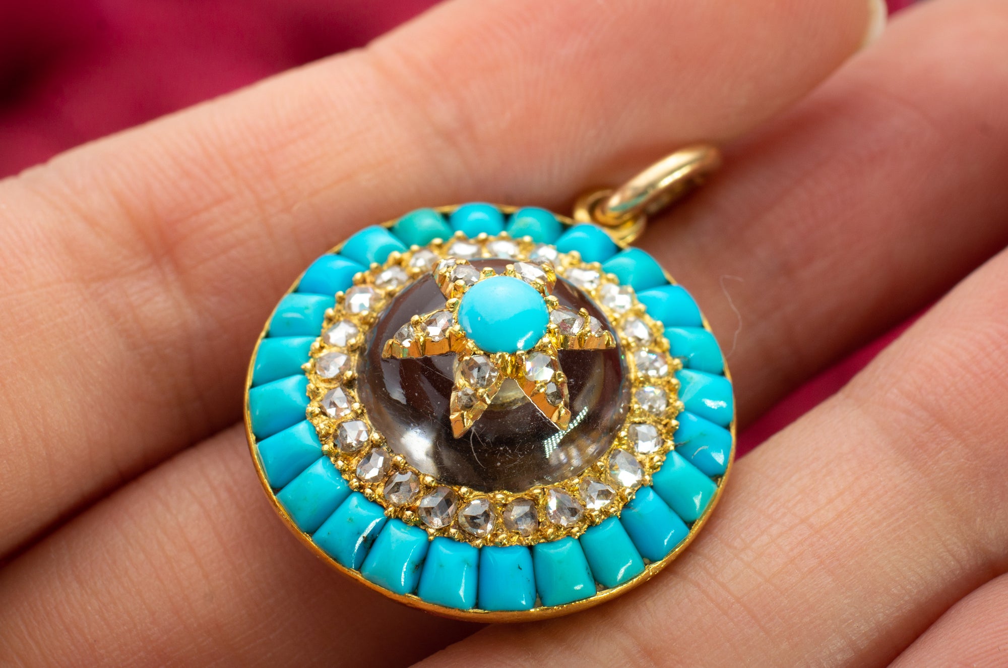 VICTORIAN ROSE CUT DIAMOND AND TURQUOISE LOCKET PENDANT - SinCityFinds Jewelry