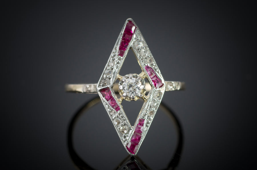 ART DECO RUBY AND DIAMOND KITE SHAPED RING - SinCityFinds Jewelry