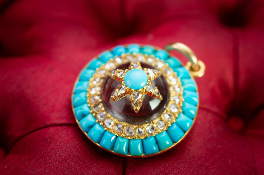 VICTORIAN ROSE CUT DIAMOND AND TURQUOISE LOCKET PENDANT - SinCityFinds Jewelry