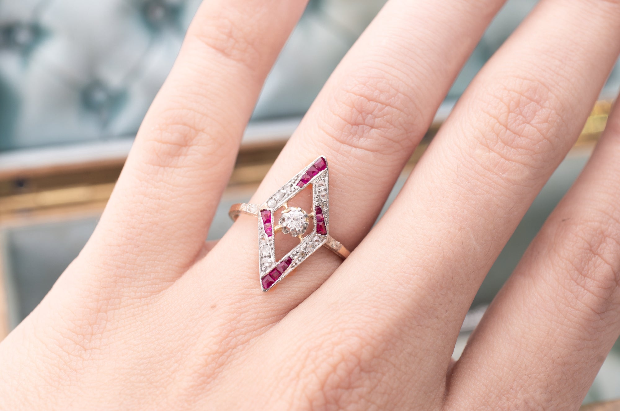 ART DECO RUBY AND DIAMOND KITE SHAPED RING - SinCityFinds Jewelry
