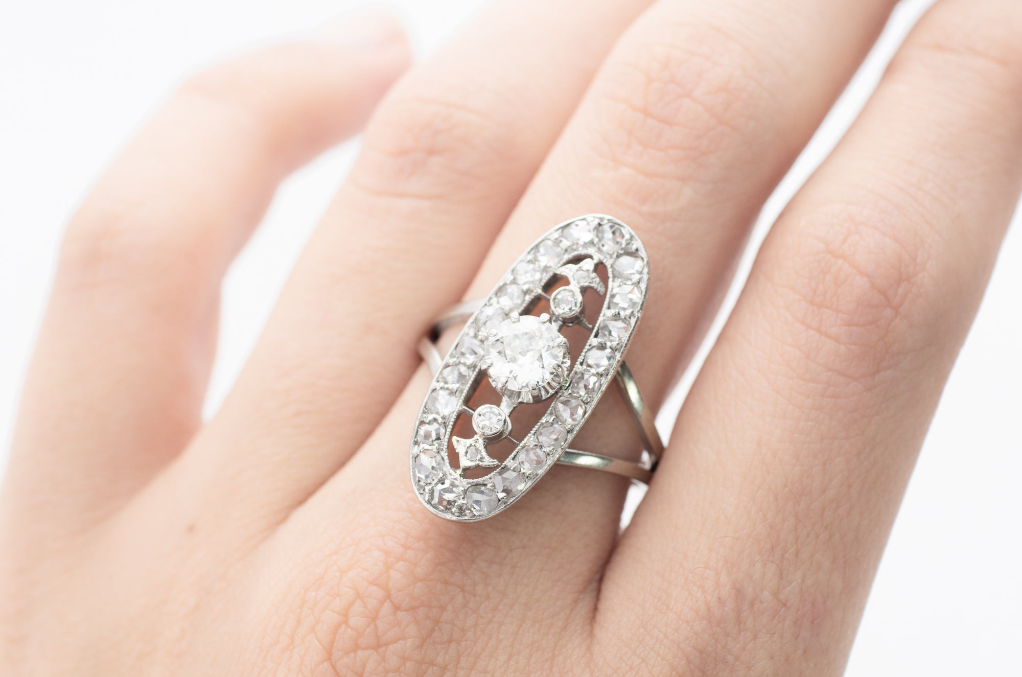 ELONGATED OVAL OLD CUT DIAMOND RING - SinCityFinds Jewelry
